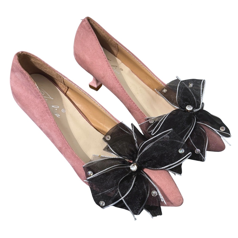 Luoshuya‎ Pink Faux Suede Pointed Toe Kitten Heels Large Mesh Bows US Size 6.5